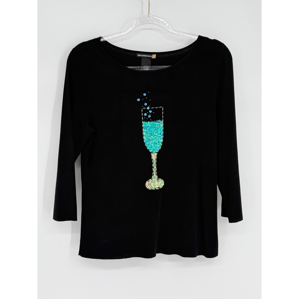 Sweaterworks Womens Black Sequin Champagne Flute Knit Top 3/4 Sleeve Sz L NYE